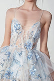 White Blue Flower Tulle Homecoming Dress with Appliques