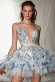 A Line Tiered Appliqued White Blue Flower Homecoming Dress