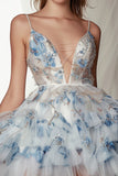 A Line Tiered Appliqued White Blue Flower Homecoming Dress