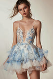 Floral White Blue Appliqued A Line Homecoming Dress