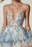 Floral White Blue Appliqued A Line Homecoming Dress