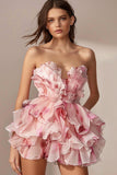Tiered Ruffled Strapless Pink Flower Homecoming Dress