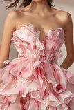 Tiered Ruffled Strapless Pink Flower Homecoming Dress