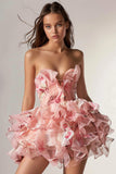 Pink Flower Ruffled Strapless Homecoming Dress