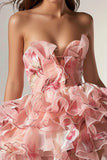 Pink Flower Ruffled Strapless Homecoming Dress