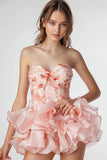 Pink Flower Ruffled Printed Strapless Homecoming Dress
