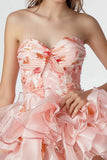 Pink Flower Ruffled Printed Strapless Homecoming Dress