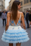 White Blue Flower Appliqued Tiered A Line Homecoming Dress