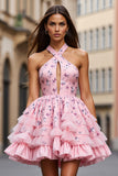 Halter Keyhole Tiered Pink Flower Homecoming Dress