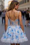 White Blue Flower Printed A Line Homecoming Dress