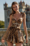 Spaghetti Straps A-Line Khaki Leopard Beaded Homecoming Dress