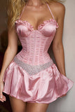 Halter Corset Beaded A Line Pink Homecoming Dress