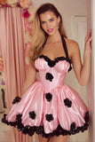 Pink A Line Halter Homecoming Dress With 3D Flowers