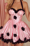 Pink A Line Halter Homecoming Dress With 3D Flowers