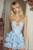 Strapless Keyhole A Line Tiered Ruffle Blue Homecoming Dress With Beading