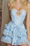 Strapless Keyhole A Line Tiered Ruffle Blue Homecoming Dress With Beading