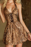 Halter A-Line Coffee Leopard Homecoming Dress