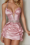 Pink Halter Beaded Tight Homecoming Dress