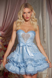 Cute Blue Strapless Beaded A-Line Homecoming Dress