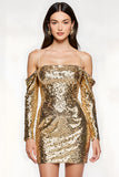 Sparkly Golden Cold Shoulder Tight Cocktail Party Dress with Long Sleeves