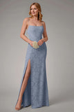 Dusty Blue Sheath Spaghetti Straps Maxi Dress With Slit
