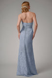 Dusty Blue Sheath Spaghetti Straps Maxi Dress With Slit