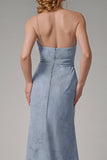 Dusty Blue Sheath Spaghetti Straps Maxi Dress With Slit
