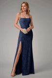 Dusty Blue Sheath Spaghetti Straps Maxi Dress With Slit