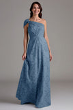 Eucalyptus One Shoulder A Line Ruched Maxi Dress