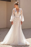 Ivory A Line Appliqued Long Sleeve Wedding Dress
