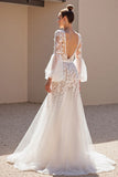 Ivory A Line Appliqued Long Sleeve Wedding Dress