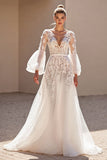 Ivory A Line Appliqued Long Sleeve Wedding Dress