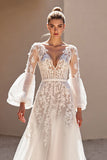 Ivory A Line Appliqued Long Sleeve Wedding Dress