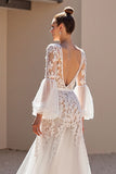 Ivory A Line Appliqued Long Sleeve Wedding Dress