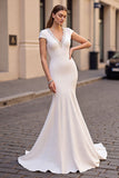 Ivory V Neck Mermaid Long Wedding Dress With Cap Sleeves