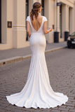 Ivory V Neck Mermaid Long Wedding Dress With Cap Sleeves