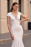 Ivory V Neck Mermaid Long Wedding Dress With Cap Sleeves