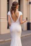 Ivory V Neck Mermaid Long Wedding Dress With Cap Sleeves