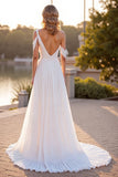 Ivory A Line Long Boho Wedding Dress With Ruffles
