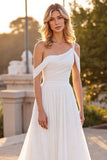 Ivory A Line Long Boho Wedding Dress With Ruffles