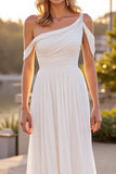 Ivory A Line Long Boho Wedding Dress With Ruffles