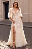 Corset Ivory Appliqued A Line Wedding Dress With Slit