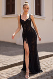 Black Appliqued Sheath Wedding Dress With Slit