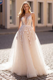 Ivory Spaghetti Straps A Line Wedding Dress With Appliques