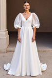 Ivory A Line V-Neck Wedding Dress With Puff Sleeves