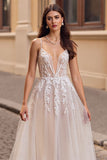 Spaghetti Straps A line Tulle Ivory Boho Wedding Dress With Appliques