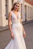 Mermaid Ivory V-Neck Long Wedding Dress