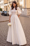 Appliqued Ivory A Line Wedding Dress With Puff Sleeves