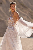 Ivory Appliqued Spaghetti Straps A line Tulle Wedding Dress