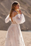 Ivory Appliqued Spaghetti Straps A line Tulle Wedding Dress